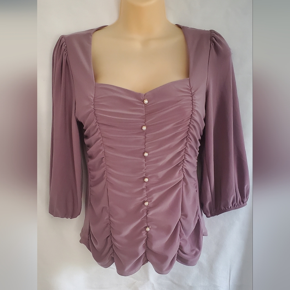 Perseption Concept Lavender Mesh Stretch Decorative Button 3/4 Sleeve Top Size S